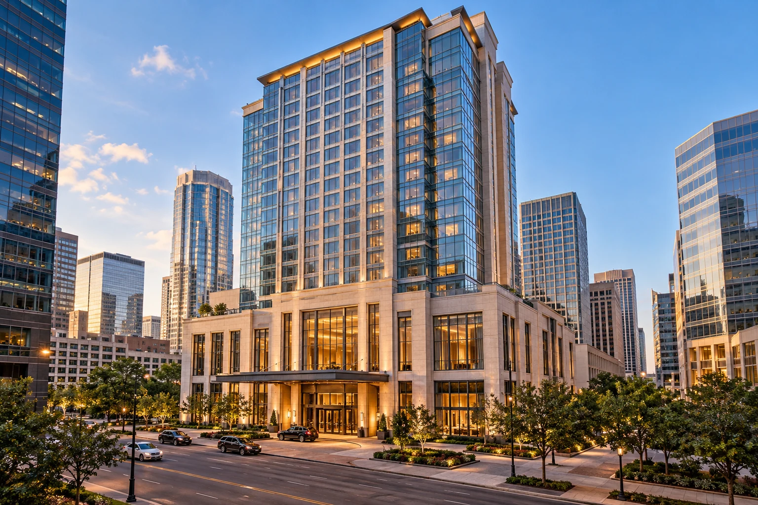 Upscale hotel concept: a downtown business hotel tower with an elegant street-level entrance