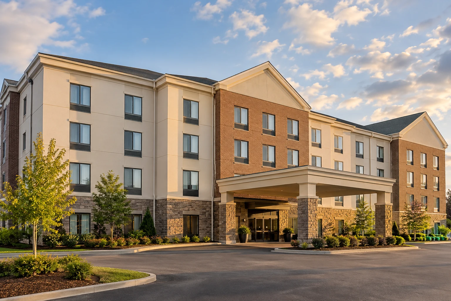 Economy hotel concept: a welcoming suburban hotel with a covered entrance