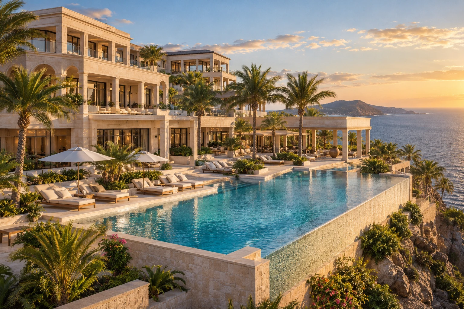 Luxury hotel concept: a coastal resort with terraces and an ocean-view pool