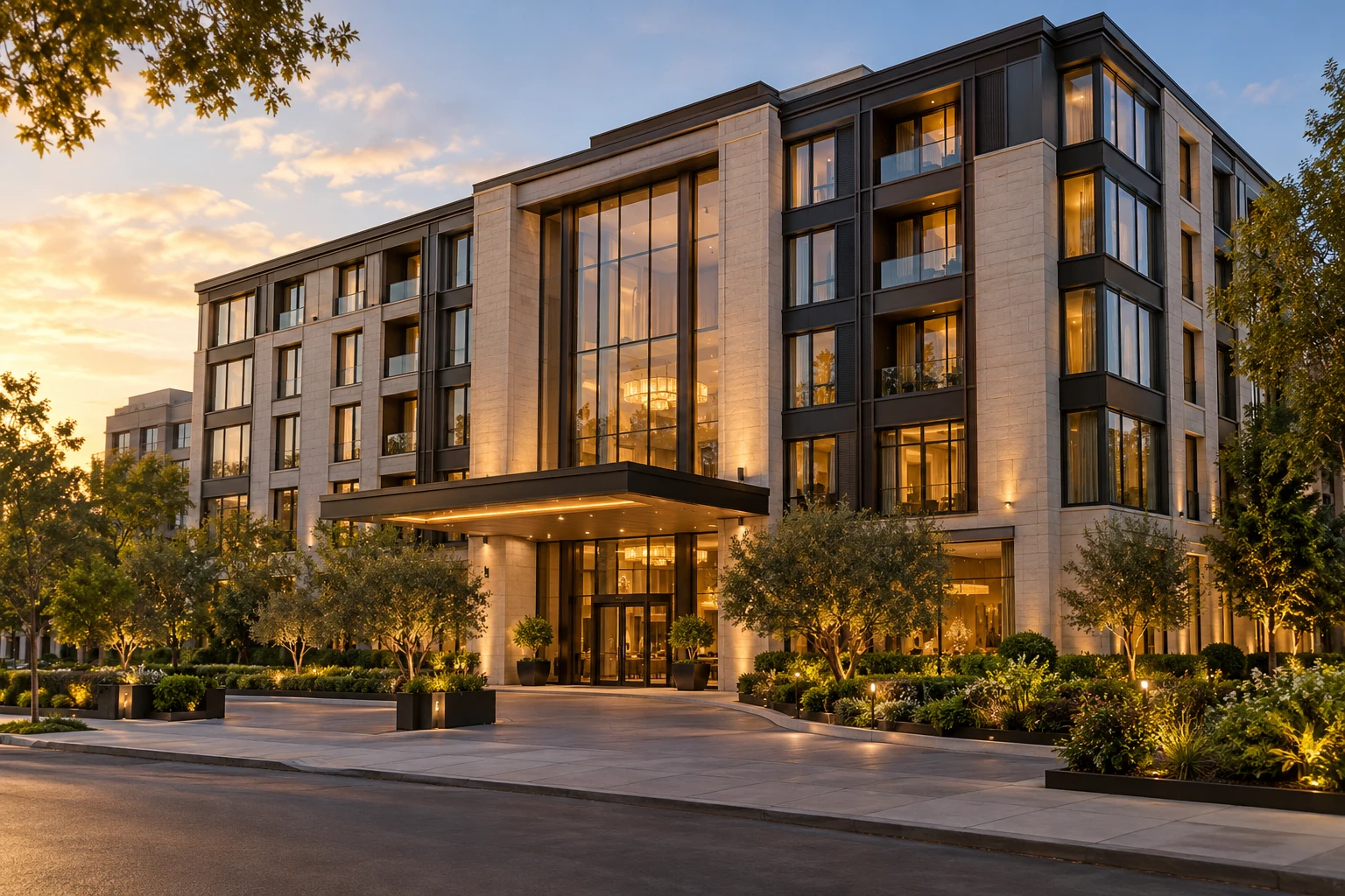 Midscale hotel concept: a contemporary hotel with stone architecture and a landscaped entrance